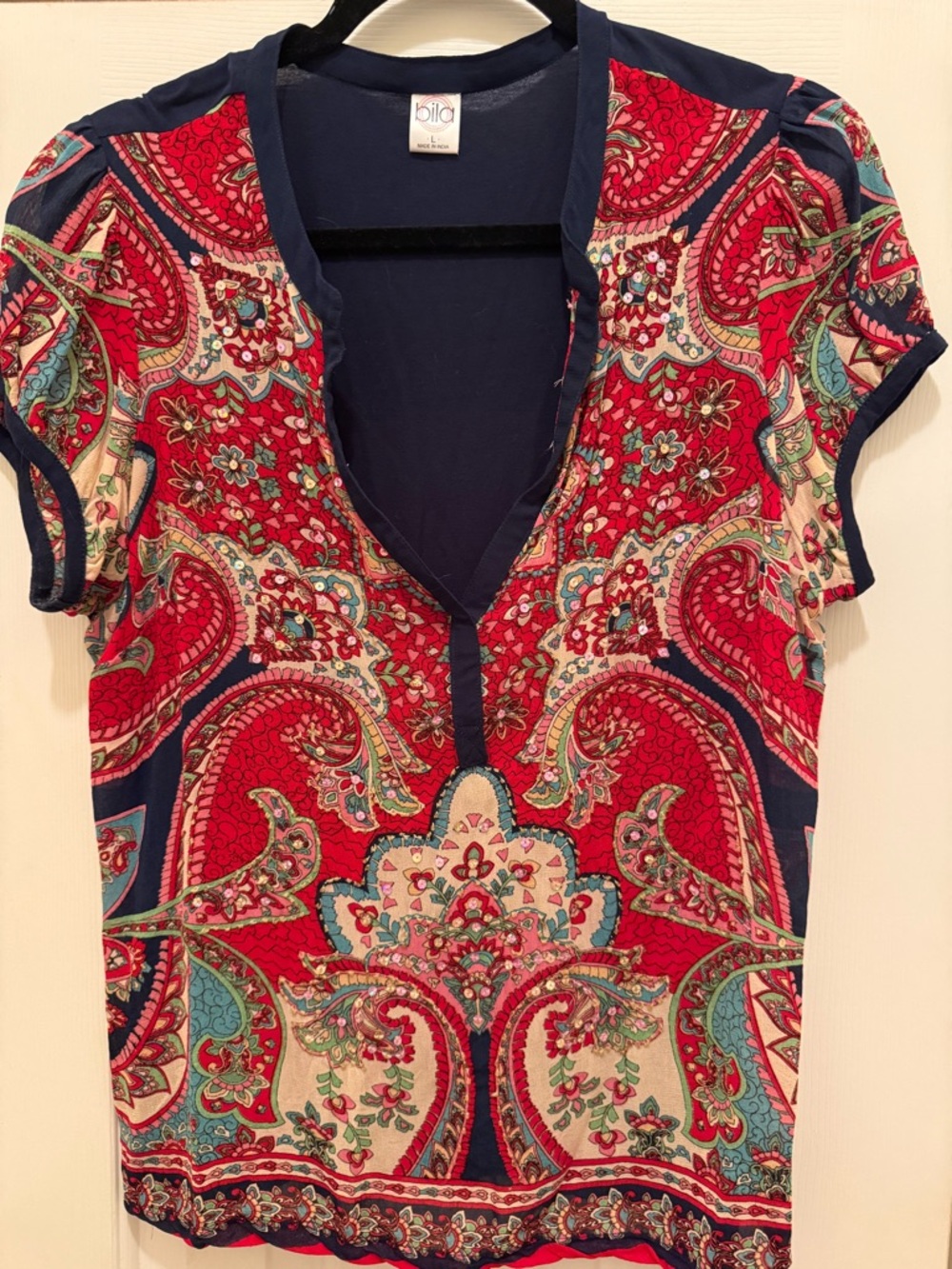 Bila Red Paisley V-Neck Short Sleeve Top with Navy Trim